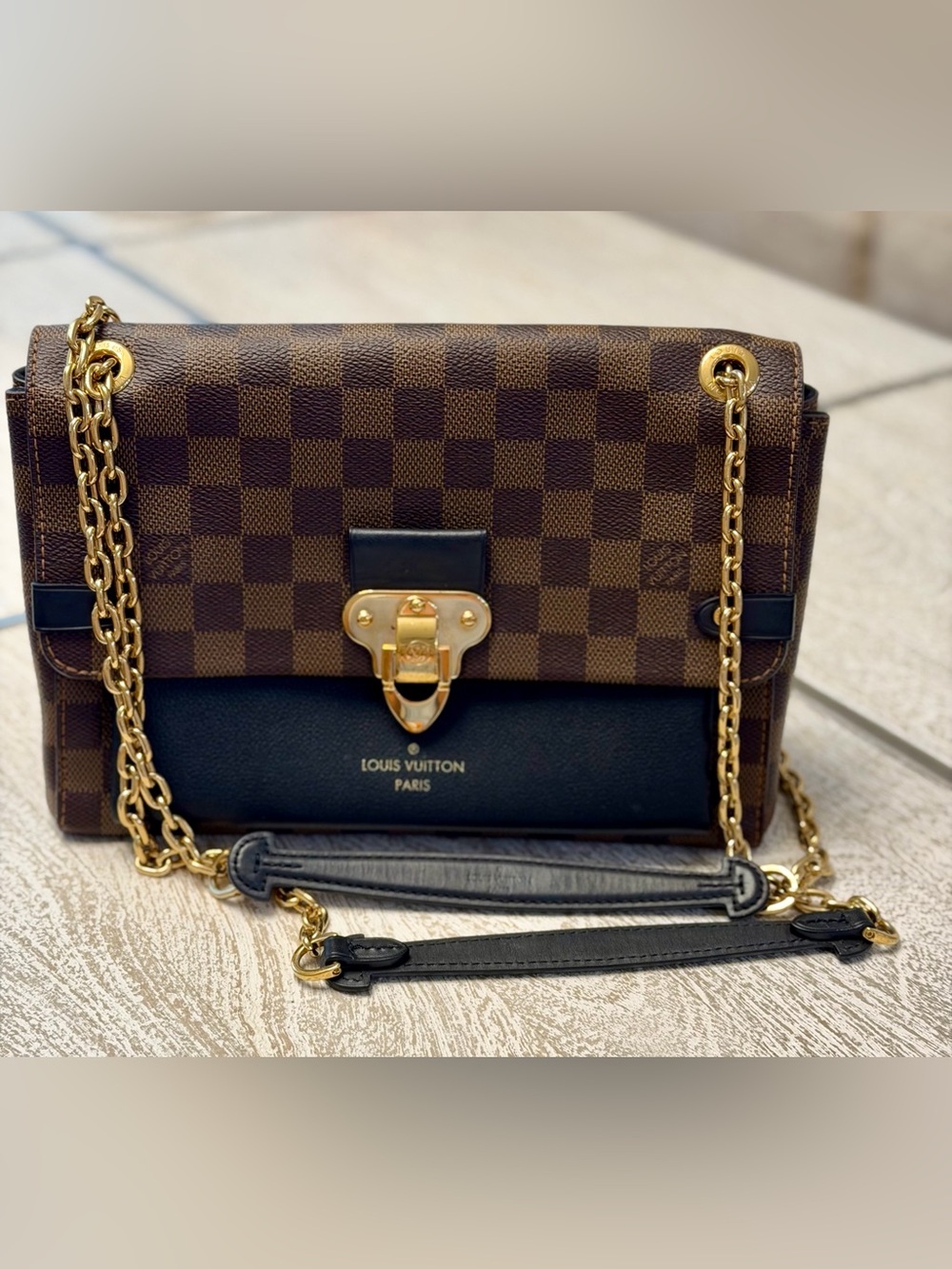 Louis Vuitton Brown Damier Ebene & Black Leather Chain Shoulder Bag
